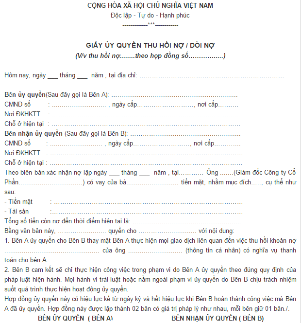 Đơn ủy quyền thu nợ
